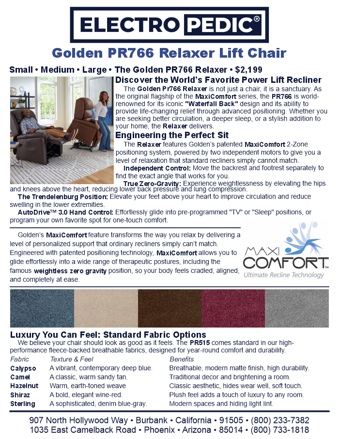 You can rent a Golden PR766 Relaxer lift chair from Electropedic